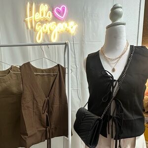 Chic Black and Brown Front Tie Sleeveless Tops
